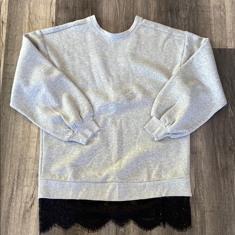 Pilcro Gray Sweatshirt with Black Lace Hem